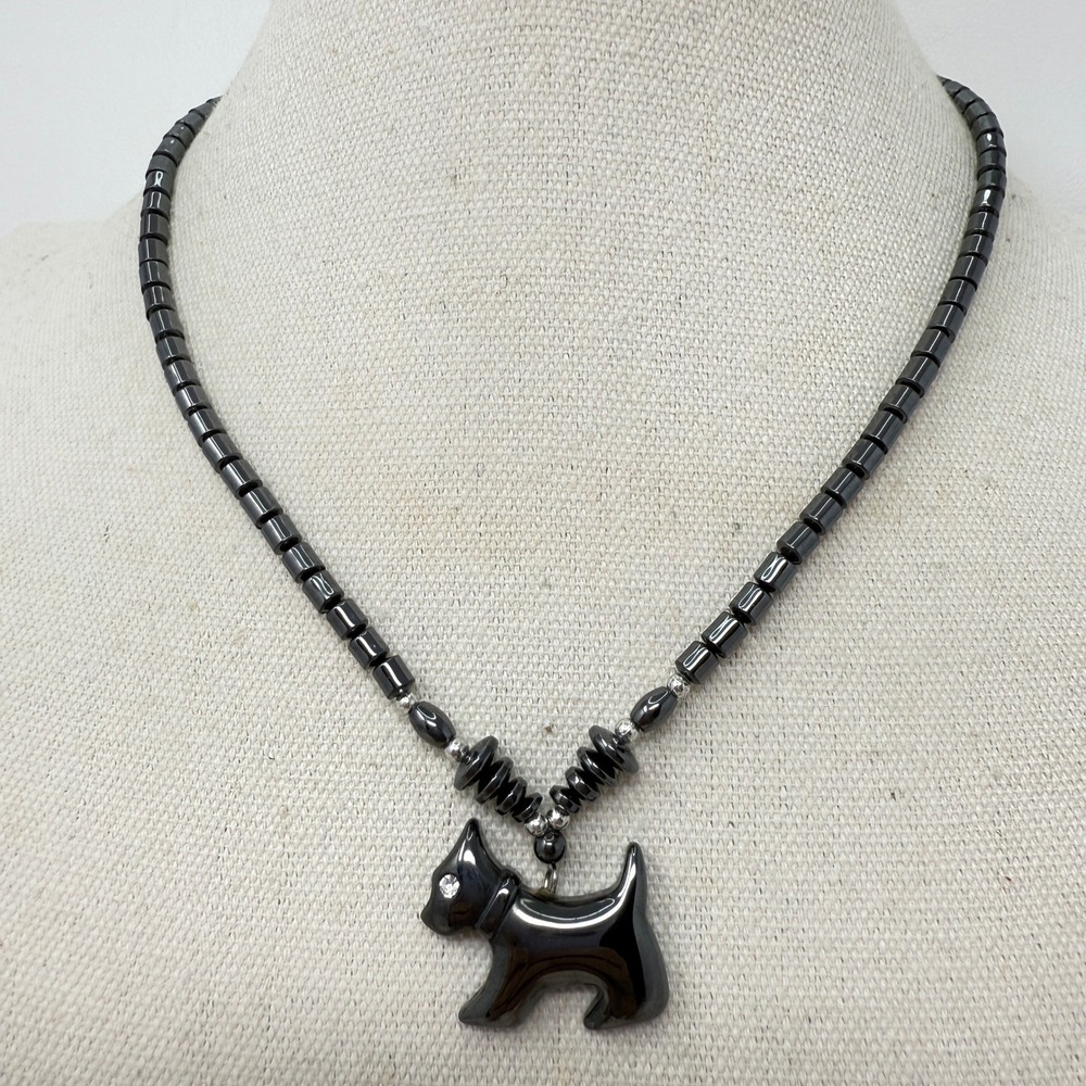 Hematite Scottie Dog Necklace Puppy Pendant Silver‎ Tone Accents Black